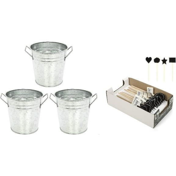 Hosley 3 Pack of Galvanized Planters & Set of 12 Blackboard Floral Picks