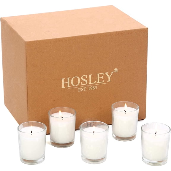 Hosley 48-Pack Ivory Unscented Votive Candles in Clear Glass Holders, 12-Hour Long-Lasting Burn for Weddings, Home Decor, and Bulk Party Supplies