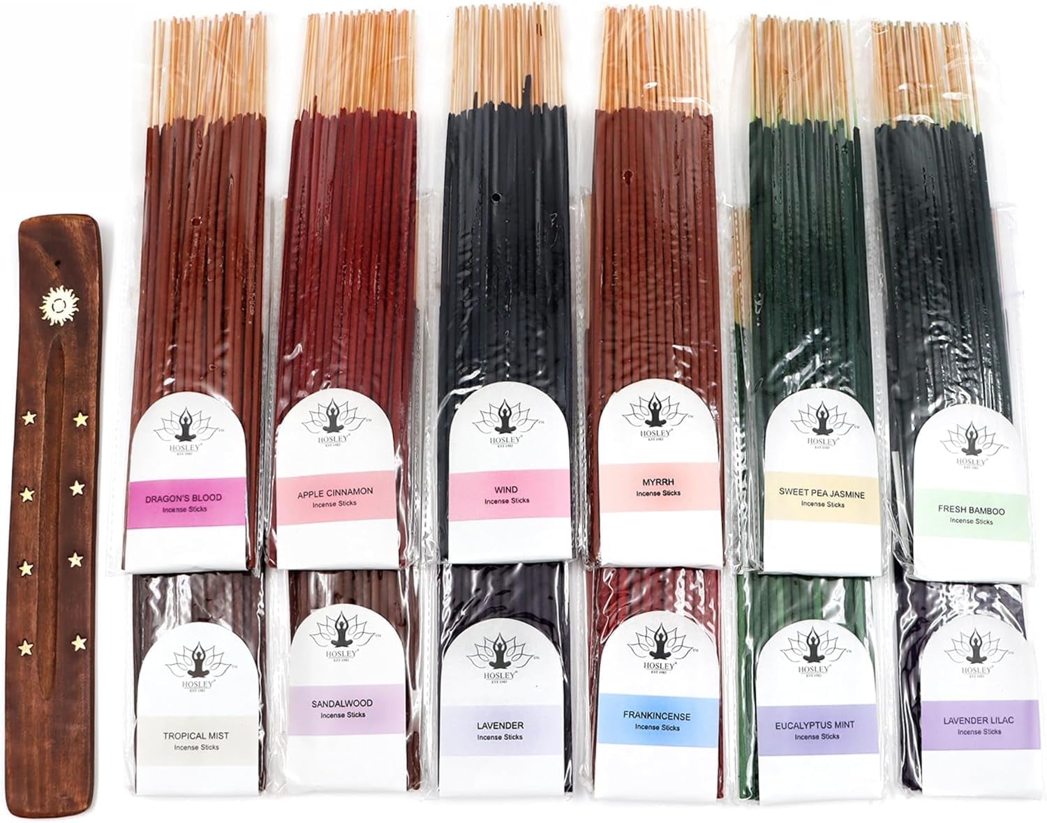 Hosley Aromatherapy 480 Pack Incense Sticks Lavender Eucalyptus Mint Sandalwood Sweet Pea Jasmine Tropical Mist Apple Cinnamon Fresh Bamboo Dragon's Blood Myrrh Lavender Lilac Hills, and Frankincense
