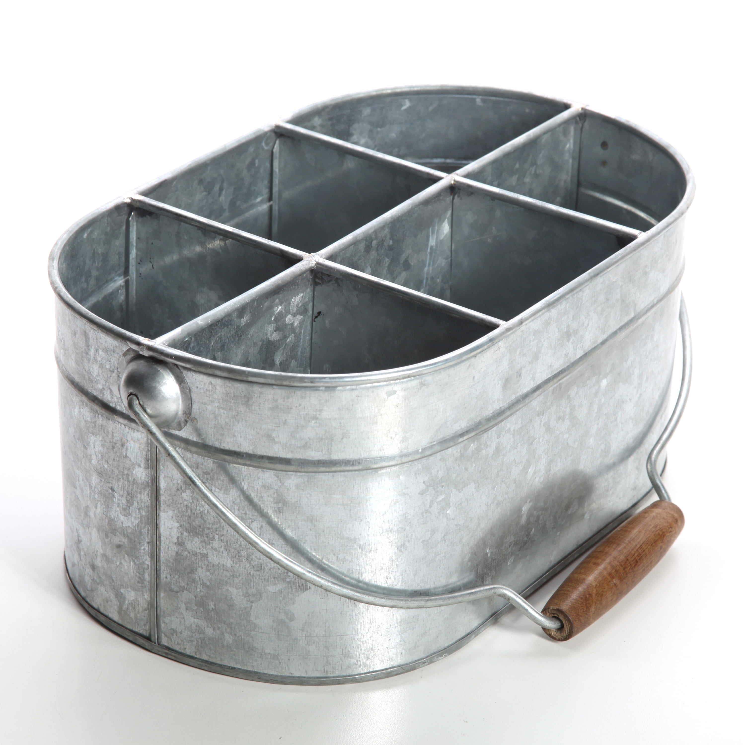 Galvanized Gray Metal Planter Caddy with Wooden Handle