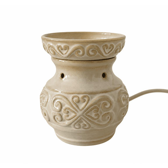 Hosley Ceramic Electric Wax Warmer, Cream, 5 Inch, Heart Scrollwork Design, Removable Dish