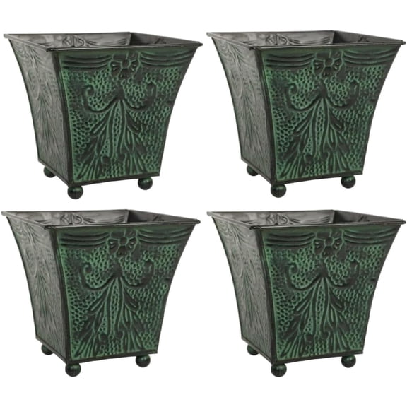 Hosley 5-Inch Green Patina Metal Planter, 4-Piece Set Floral Embossed Flower Pots for Home and Garden Decor