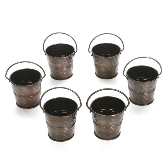 Hosley Antique Bronze Mini Metal Bucket Planters with Handles, Pack of 6, 2.6" Dia x 2.35" H for Floral Arrangements and Dcor