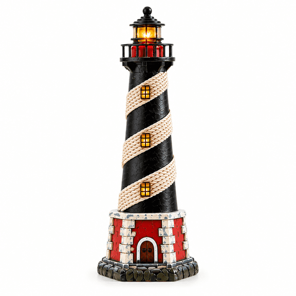 Hosley 8-Inch Coastal Lighthouse Figurine with Blinking LED Light, Nautical Tabletop Decor