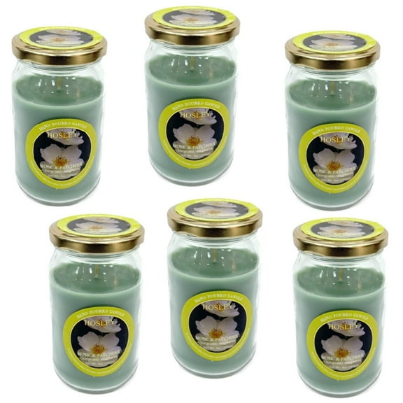 Hosley 9OZ Fragrance Jar Candle Set of 6- Musk & Patchouli. Ideal Gift for Party Favor Weddings Spa Reiki Meditation Bathroom Settings