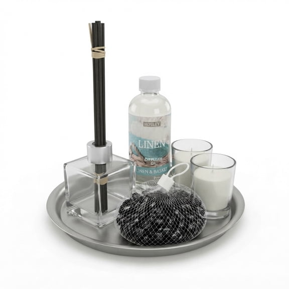 Hosley Linen Reed Diffuser Gift Set, 230ml Fragrance Oil, Glass Bottle, Reed Sticks, Metal Plate, Glass Filler and 2 Candles