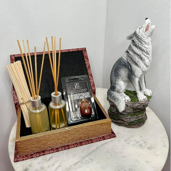 Hosley Cinnamon Roll Reed Diffuser Gift Set - Wolf Incense Cone Holder - Red Book Box