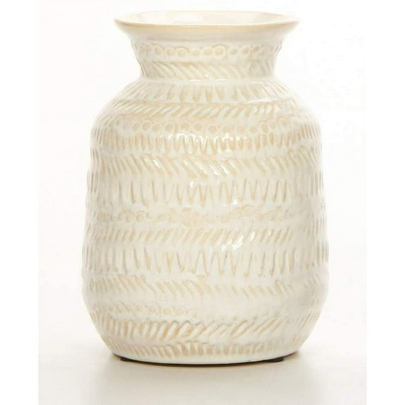 Hosley Cream Ceramic 7" High Tribal Pattern Vase