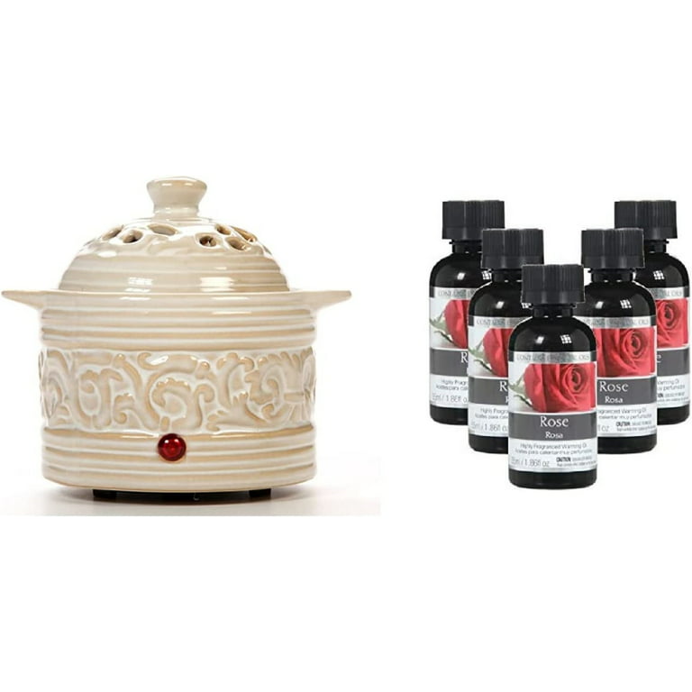 Hosley Cream Electric Potpourri Warmer & Set of 5 Rose Warming Oils