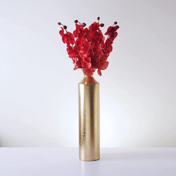 Hosley 21.8-Inch Gold Metal Tall Floor Vase with 6 Artificial Salmon Orchid Flowers, Modern Living Room Corner Decor and Wedding Centerpiece Set