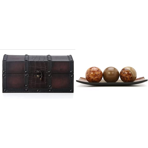 Hosley Decorative Wooden Storage Box with Leather Clasp & Brown Decorative Bowl Tray and Orb Ball