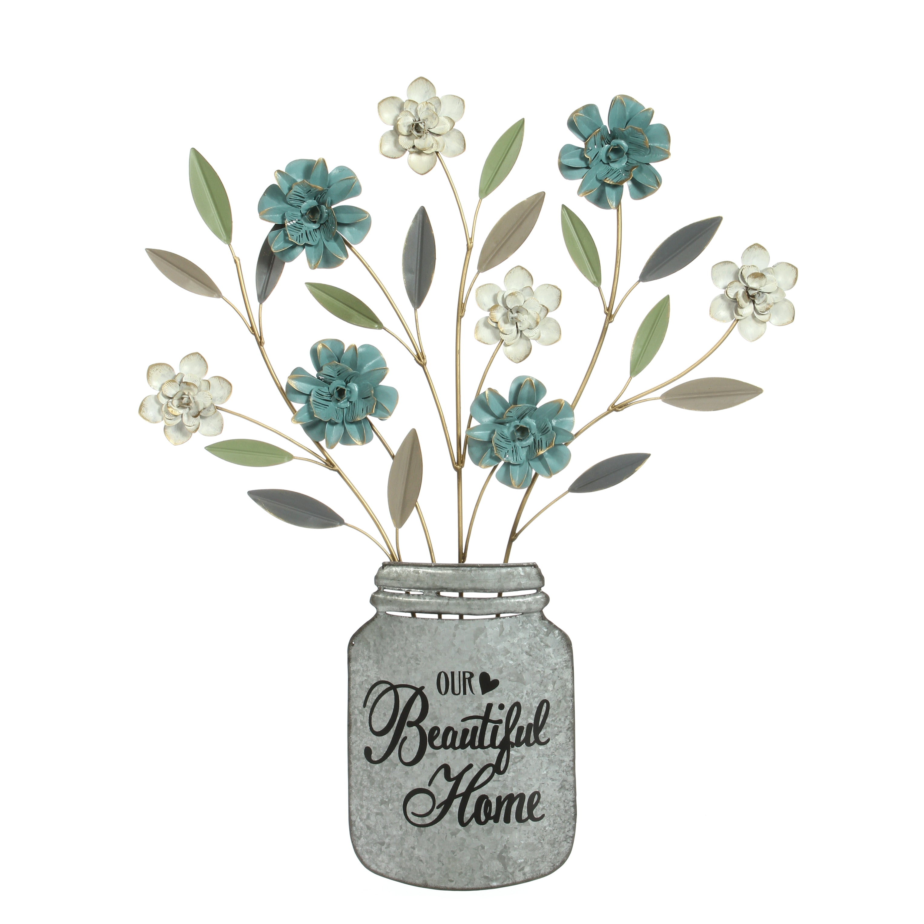 Blue and White Metal Mason Jar Wall Art with Flowers