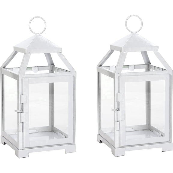 HOSLEY Set of 2 White Iron Candle Lanterns, 12-Inch Farmhouse Decorative Holders with Clear Glass for Home Decor