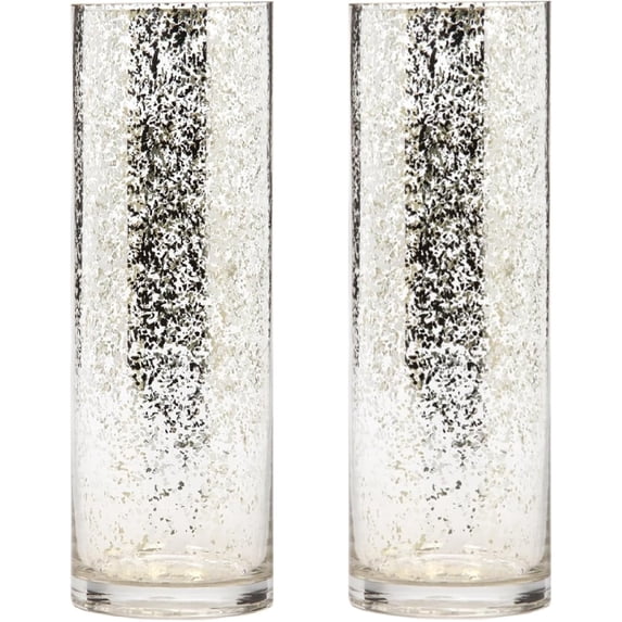 Hosley 12 Inch Speckle Silver Glass Cylinder Tabletop Vases, Set of 2