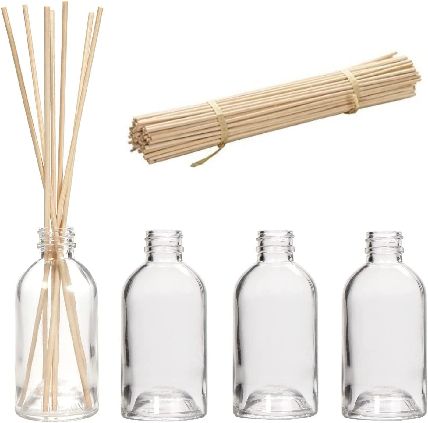 Hosley Set of 4 Diffuser Boston Round Style Glass Diffuser Bottles 85  Milliliter with Bulk Pack of 108 Rattan Diffuser Reeds 7 High, Diffusers  Craft