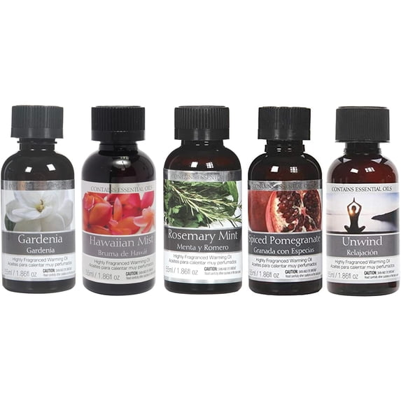Hosley Set of 5 Assorted Fragrance Warming Oils 55 Milliliter-Gardenia, Rosemary Mint, Hawaiian Mist, Unwind, Spiced Pomegranate. Ideal for spa Meditation Bathroom Settings O4