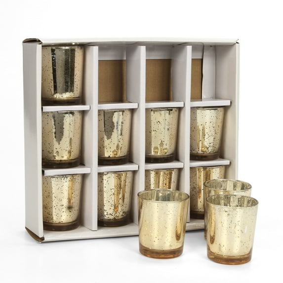 Hosley Set of 12 Mercury Glass, Speckled Gold Finish Votive Candle Holders