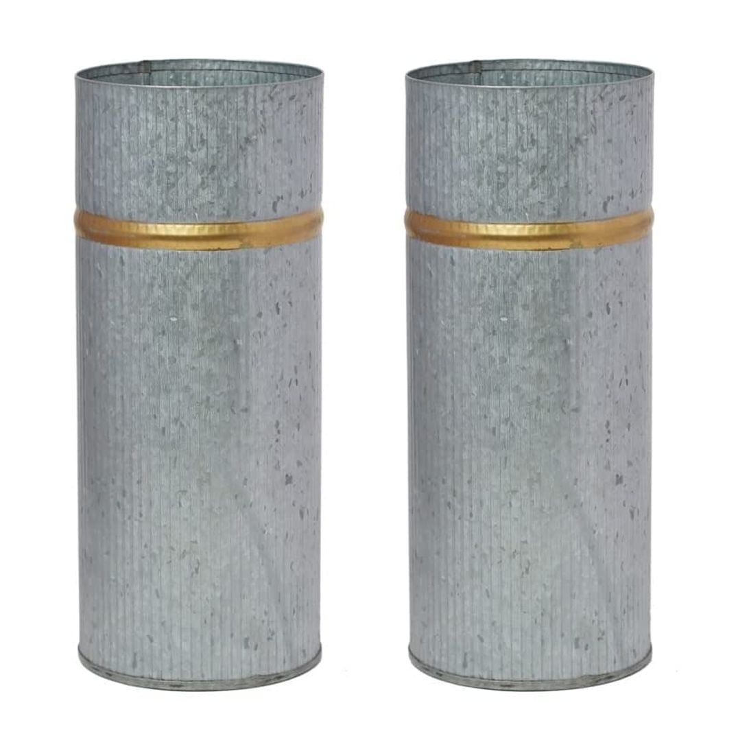 Hosley Set of 2 Galvanized Vases with Gold Rim 4" Dia x10 H - Ideal Floral Vases for Floral Arrangements Farmhouse Kitchen Decor Rustic Elegance and Modern Appeal in One Farmhouse Chic