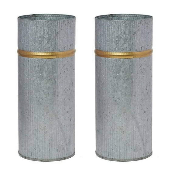 Hosley Set of 2 Galvanized Vases with Gold Rim 4" Dia x10 H - Ideal Floral Vases for Floral Arrangements Farmhouse Kitchen Decor Rustic Elegance and Modern Appeal in One Farmhouse Chic