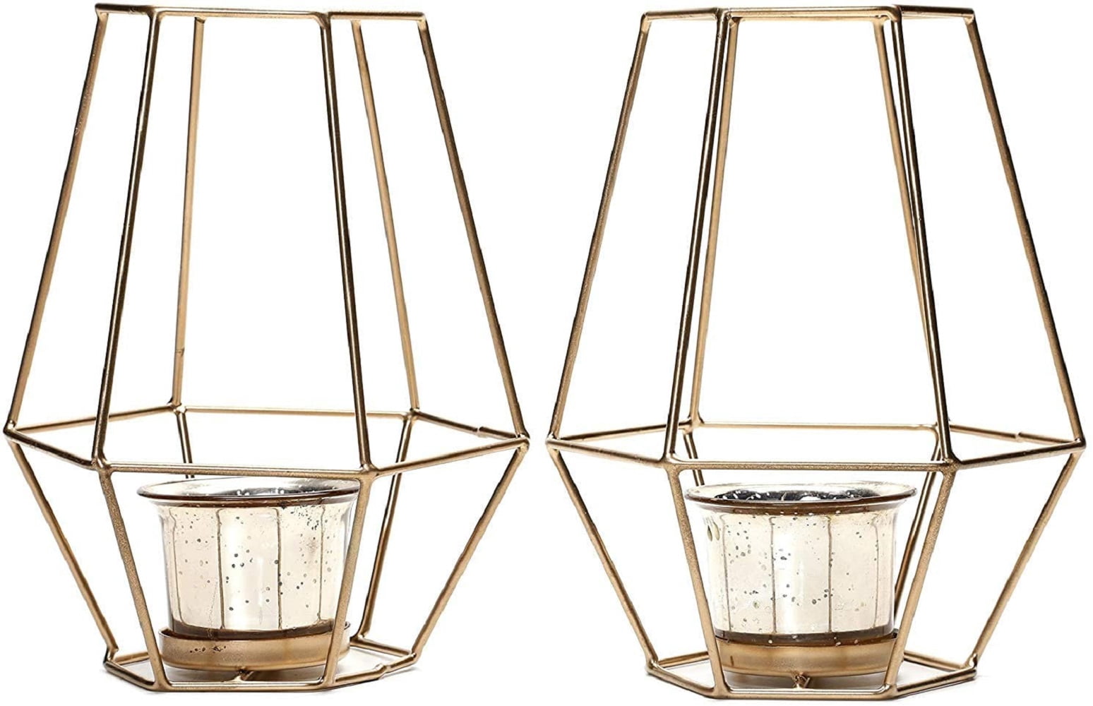 Hosley Set of 2, 7 Inch High Metal Lantern With Metallic Gold Glass Tealight Candle Holders