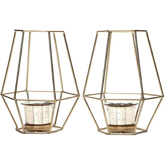Hosley Set of 2 Decorative Lanterns, 7Inch High with Metallic Gold Finish for Living Room Dcor, Elevate Your Dcor with Elegant and Versatile Gold Candle Holders for Ambiance