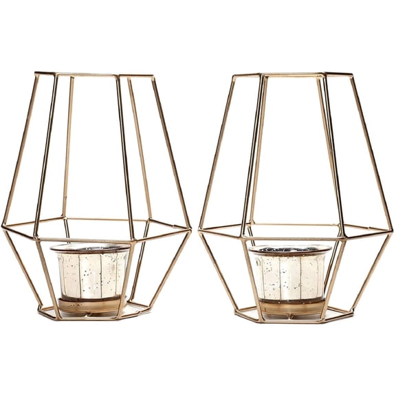 Hosley Set of 2 Gold Lantern Candle Holders, 7 Inch Decorative Metal Lanterns with Glass Insert