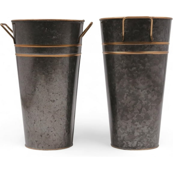 Hosley Set of 2, 9In H Zinc Finish Bucket/Pot Vase with PVC Liner, Ideal Gift for Wedding Home Office Party DYI Indoor Outdoor Garden Patio