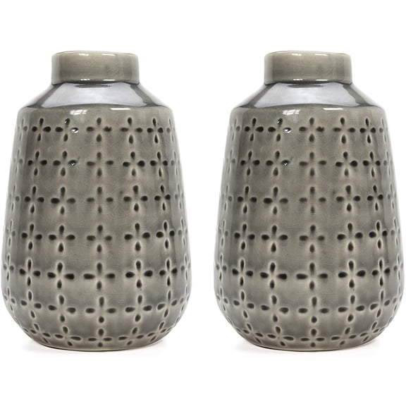 Hosley Modern Grey Ceramic Vases (Set of 2) 7.25-Inch Decorative Table Centerpieces for Fresh or Faux Florals