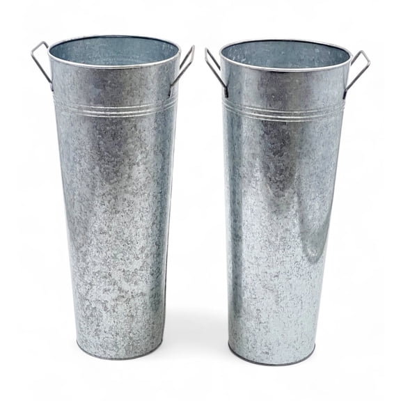 Hosley Set of 2 Galvanized Metal Vases with PVC Liner, 15 Inch High, for Wedding, Special Occasion, Home Office, Dried Floral