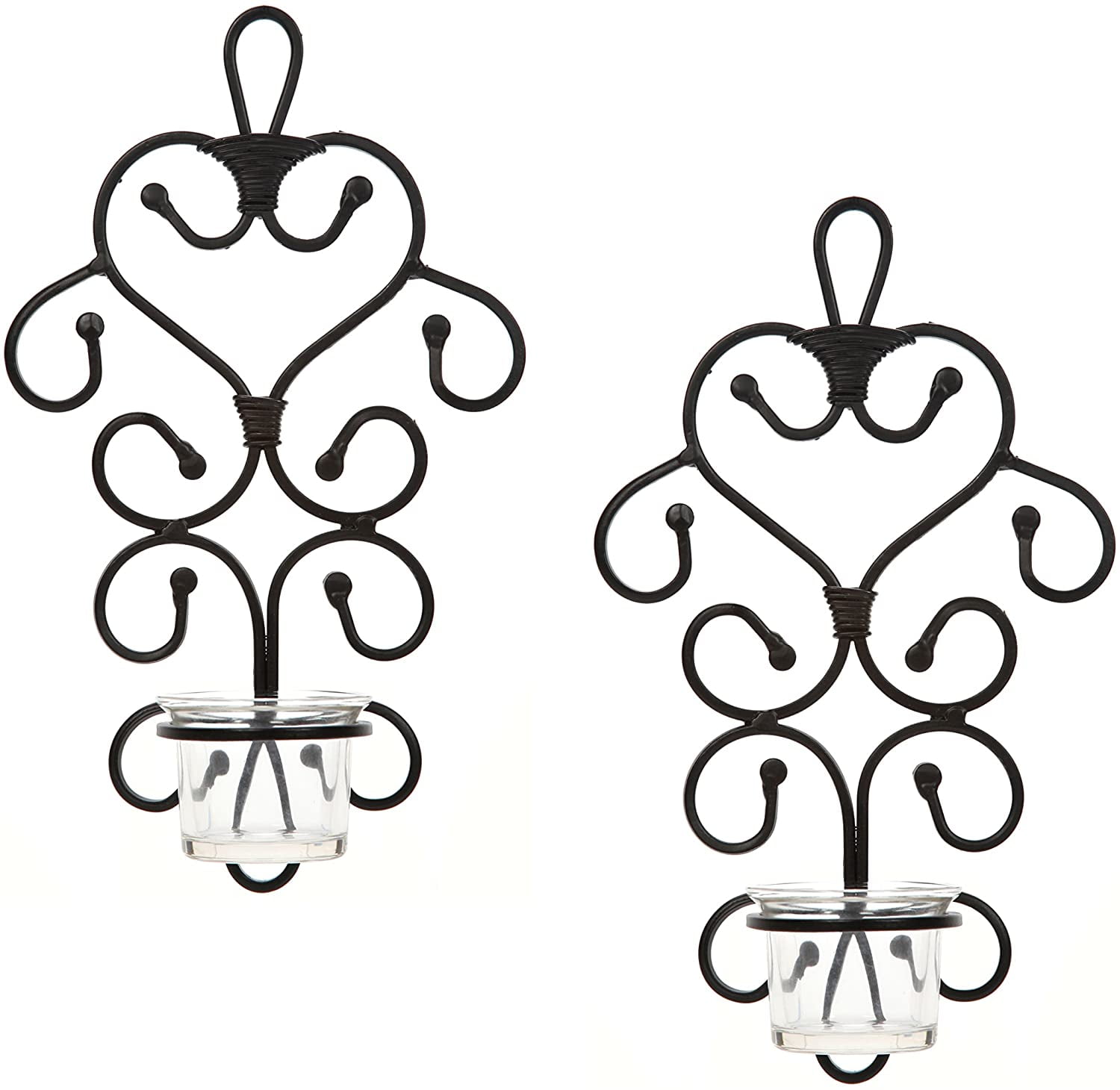Black Iron Wall Art Tealight Candle Sconces with Glass Cups