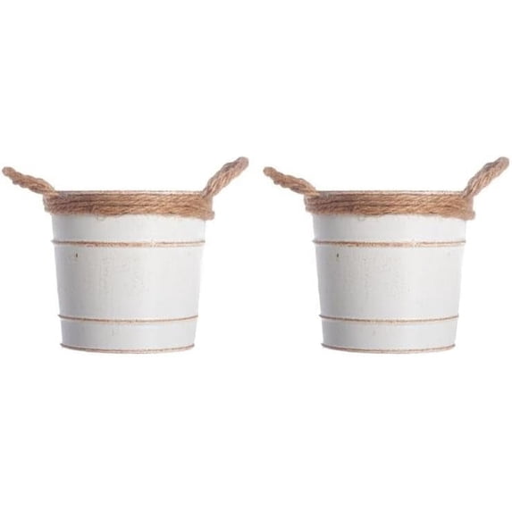Hosley Set of 2 Whitewashed Metal Pail Planters with Jute Handles – 3.75" High – Rustic Decorative Containers for Indoor/Outdoor Use