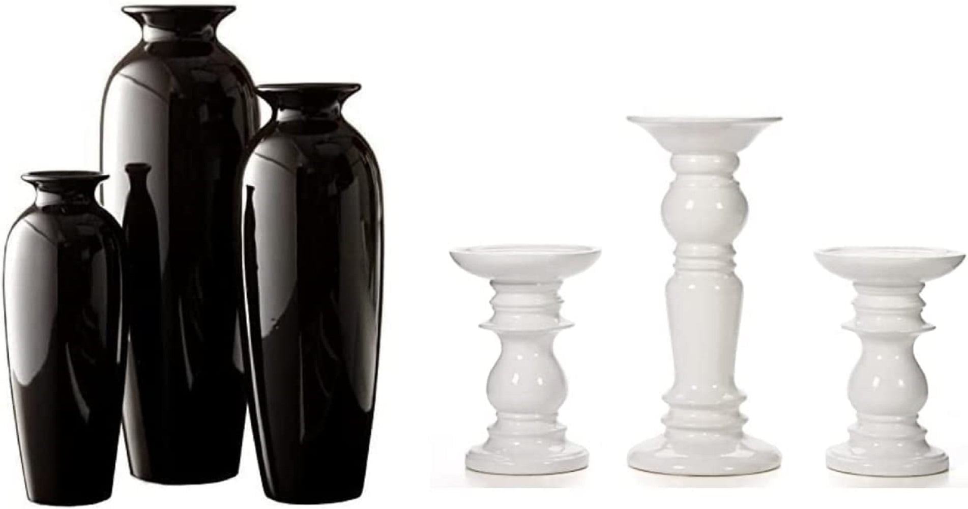 Hosley Set of 3 Black Ceramic Vases & Set of 3 Ceramic White Pillar Candle Holders