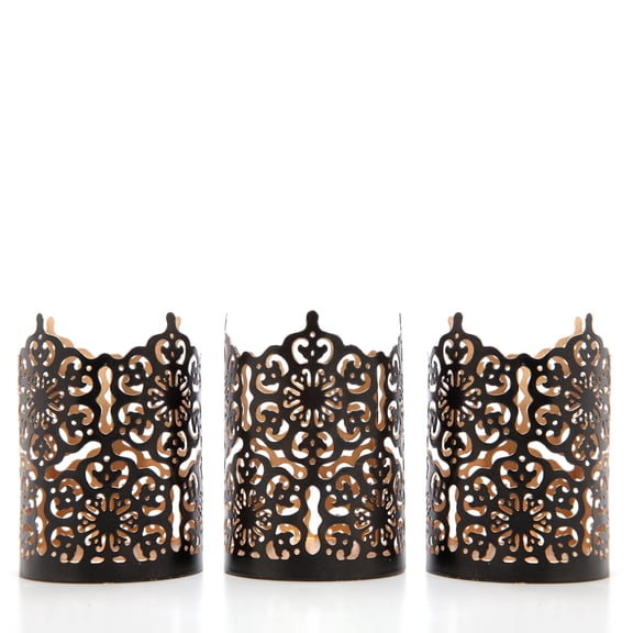 Hosley Set of 3 Black Finish Metal Candle Holder 4 Inch High Lattice Cut Lantern