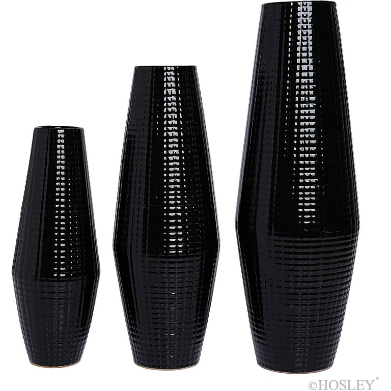 Hosley Set of 3, Black Decorative Ceramic Vases, Size: Small 3 x 3 x 8 and 1 Opening, Medium 3.5 x 3.5 x 10 and 1.25 Opening, Large 4 x 4 x 12 and 1.5