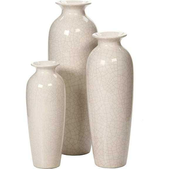 Hosley Set of 3, Floral Crackle Ivory Ceramic Vases
