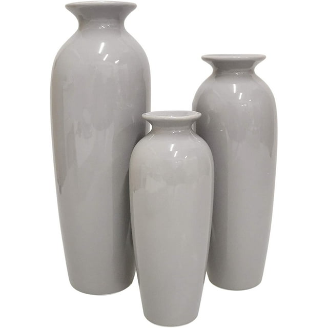 Hosley Set of 3, Grey Ceramic Flower Vases for Living Room Table Decor
