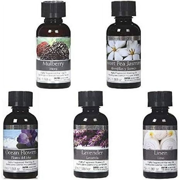 Hosley Set of 5 Fragrance Warming Oils, Mulberry & Sweet Pea Jasmine & Lavender & Ocean Flower & Linen, 55 ML