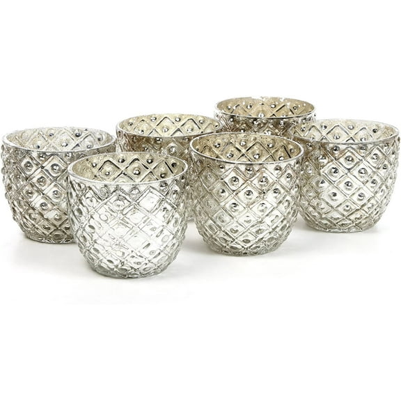 Hosley Set of 6, 2.75 Diameter, Metallic Silver Glass Votive Holders