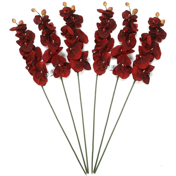 Hosley Artificail Flowers, 6 Pcs Orchid Phalaenopsis Touch Flowers 28Inch Long Burgundy Realistic Silk Floral Arrangement - for Wedding Party, Graden Decoration, Farmhouse, Home Décor, Office Décor