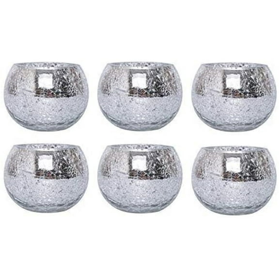 Hosley Set of 6, Silver Crackle Glass Tea Light Candle Holders 3.94 Inch Diameter