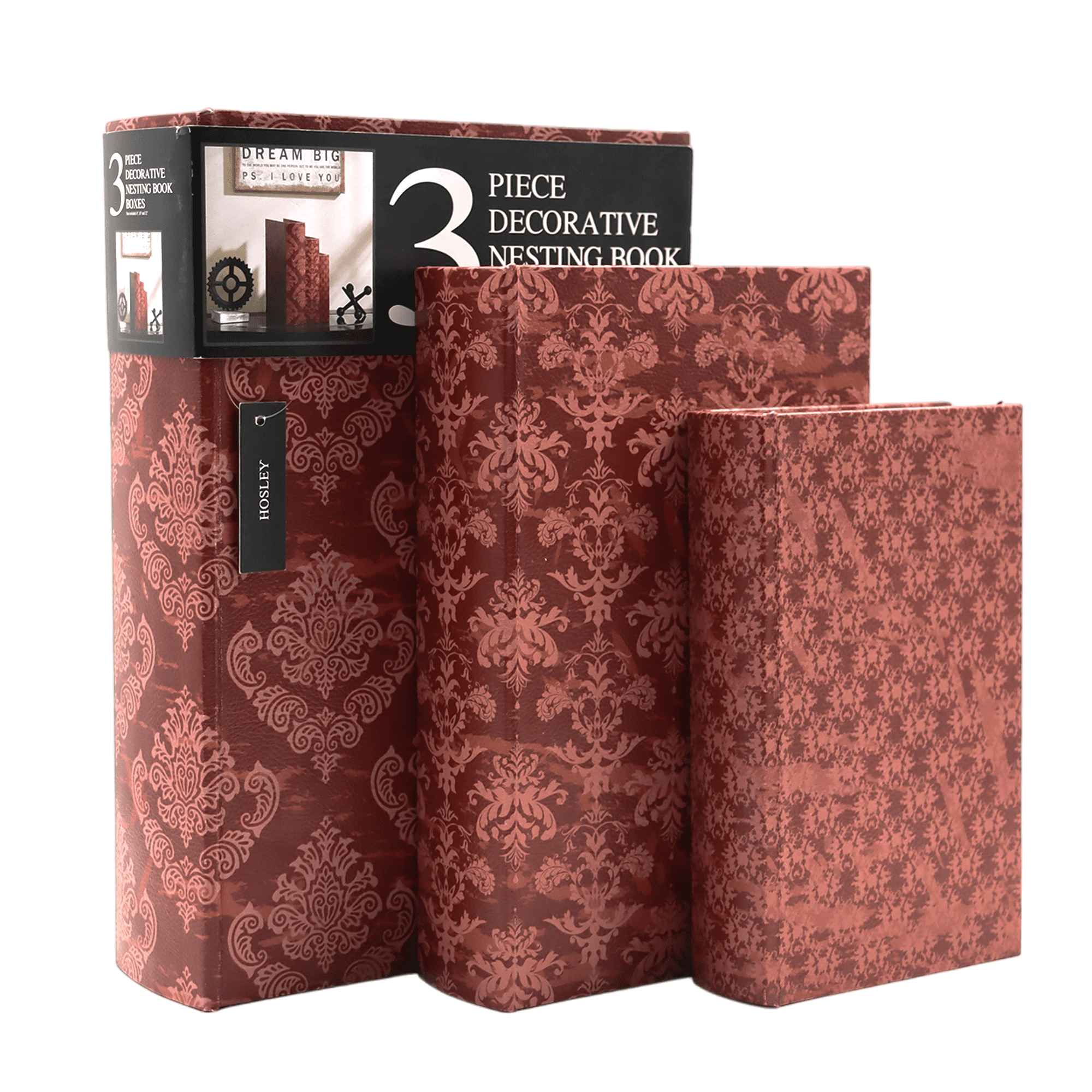 Hosley Storage Farmhouse Memory Book Boxes Set of 3, Red Brown & Gold, Size: One size, Clear