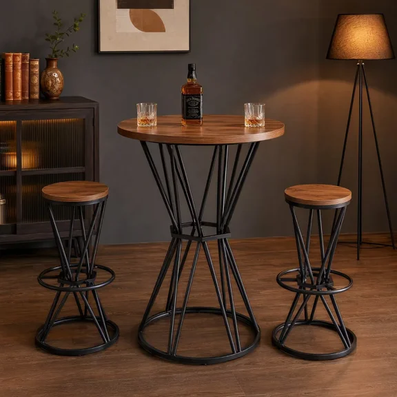 Hosnnlie 3-Piece Round Bar Table Set Walnut, Bar Table with 2 Stools, Industrial Style, Footrest & Anti-Slip Pads, for Balcony & Home Bar