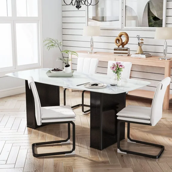 Hosnnlie 5-Piece Rectangular Glass Table Set White Black Legs, Marble-Print Tempered Glass Top & 4 PU Chairs, Space-Saving for Small Apartment