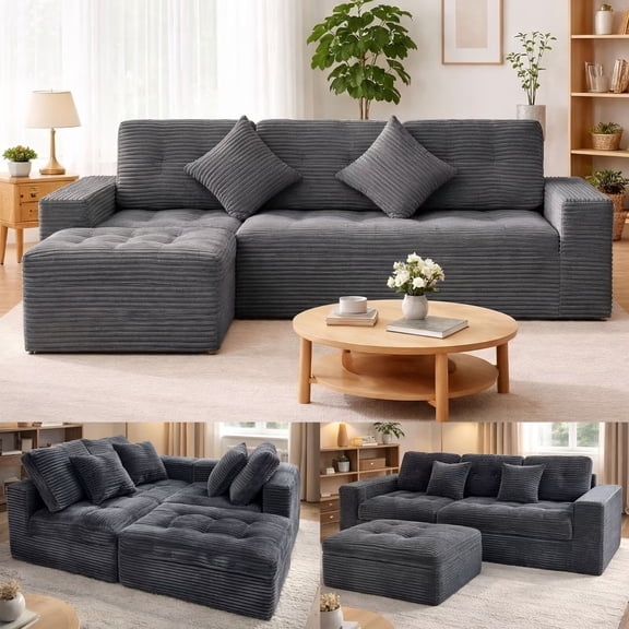 Hosnnlie Cloud Block Modular L-Shape Sofa Set Blue Gray, Reversible Chaise Ottoman, Button Tufted Cushions, for Modern Minimalist Home