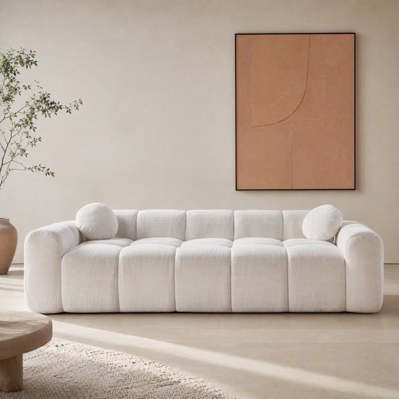 Hosnnlie Corduroy Sofa White, Cloud Puff Segmented Cushions, Rounded Armrests, Breathable Fabric for Cream-Style & Nordic Homes
