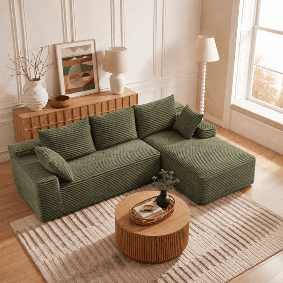 Hosnnlie Corduroy Unframed Lounge Sofa Green, L-Shape Right Chaise, Thick Corduroy Texture, High-Density Foam, for Reading Nook & Lounge