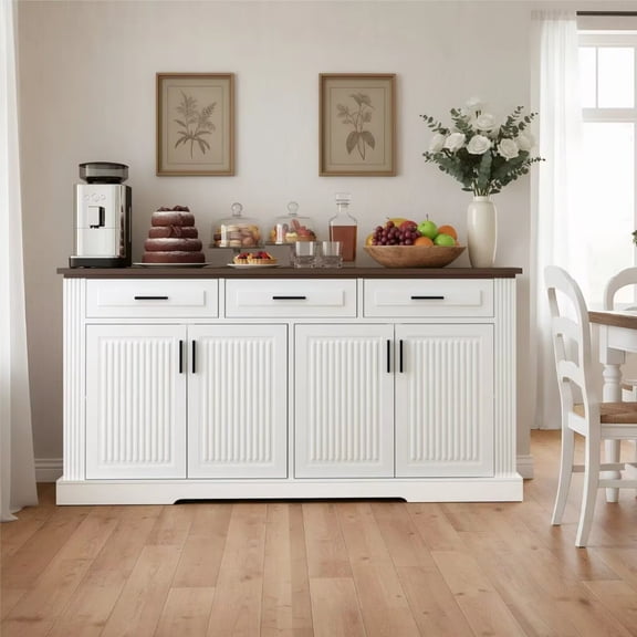 Hosnnlie Grooved Sideboard 4 Doors 3 Drawers White Cabinet Walnut Top, Vertical Fluted Panels, Adjustable Shelves, Anti-Tip for Dining Room Kitchen
