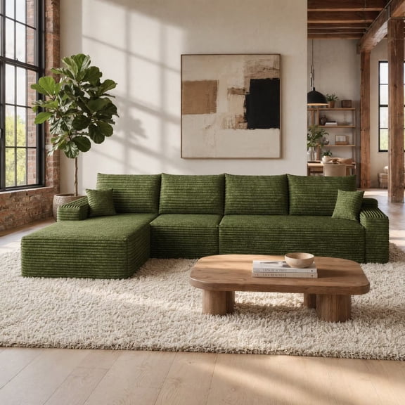 Hosnnlie Modular Corduroy Chaise Sofa Green, Left Chaise L-Shape, High-Back Deep Seat, Reversible Design, for Living Room & Lounge