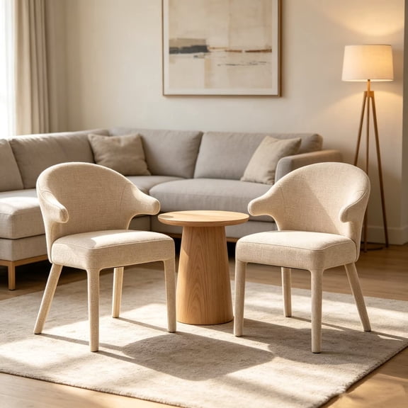 Hosnnlie Set of 2 Khaki Dining Chairs, Wrap-Around Upholstered, Linen Fabric, Curved Back, for Small Space