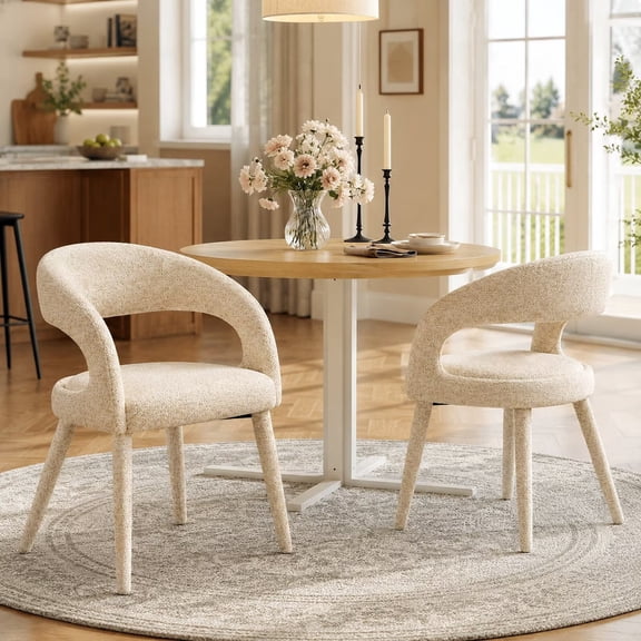 Hosnnlie Set of 2 Oatmeal Dining Chairs, Teddy Boucle Fabric, Round Back, Curved Armrests, for Small Space